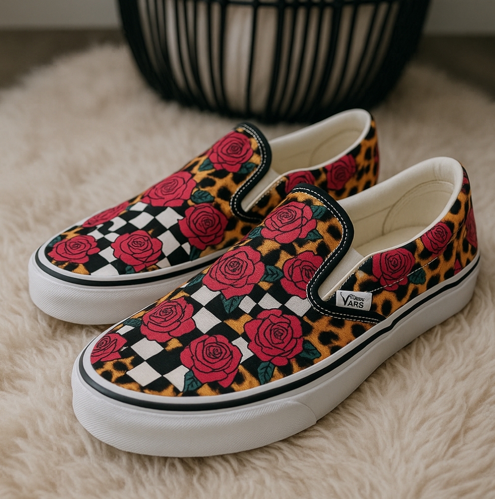 Vans Women's Slip-On Sneakers - Red Rose and Leopard